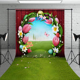 Lofaris Red Wooden Wall Greenery Field Floral Easter Backdrop